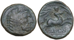 Greek Italy. Eastern Italy, Larinum. AE Teruncius, c. 210-175 BC. Obv. Head of Herakles right. Rev. Centaur galloping right, with palm branch on shoul...