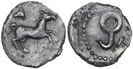 Greek Italy. Northern Apulia, Arpi. AR Obol, c. 325-275 BC. Obv. Horse prancing right; A above. Rev. Fish-hook; Λ to right. HN Italy 635; SNG Cop. 602...