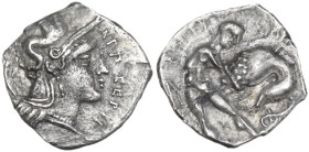 Greek Italy. Northern Apulia, Arpi. AR Diobol, c. 325-275 BC. Obv. APΠ CEΠTI. Head of Athena right, wearing Attic helmet decorated with hippocamp. Rev...