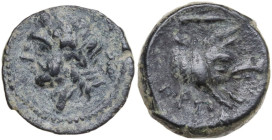 Greek Italy. Northern Apulia, Arpi. AE 15.5 mm, c. 325-275 BC. Obv. Laureate head of Zeus left; thunderbolt behind. Rev. APΠA. Forepart of boar right;...