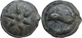 Greek Italy. Northern Apulia, Luceria. Heavy series. AE Cast Teruncius, c. 225-217 BC. Obv. Star of six rays on a raised disk. Rev. Dolphin left; belo...