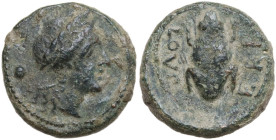 Greek Italy. Northern Apulia, Luceria. AE Uncia, c. 211-200 BC. Obv. Laureate head of Apollo right; at left, pellet. Rev. Frog; around, LOVCERI. HN It...