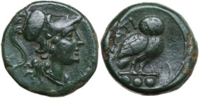 Greek Italy. Northern Apulia, Teate. AE Teruncius, c. 225-200 BC. Obv. Head of Athena right, wearing crested Corinthian helmet. Rev. TIATI (on left). ...