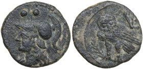 Greek Italy. Northern Apulia, Venusia. AE Sextans, c. 210-200 BC. Obv. Helmeted head of Athena left; two pellets above. Rev. Owl standing left on bran...