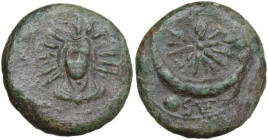 Greek Italy. Northern Apulia, Venusia. AE Sescuncia, c. 210-200 BC. Obv. Radiate and draped bust of Helios facing. Rev. Star above crescent; below, pe...