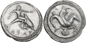 Greek Italy. Southern Apulia, Tarentum. AR Nomos, c. 500-490 BC. Obv. Phalanthos riding dolphin right, holding cuttlefish; below, ΤΑΡΑ (retrograde). R...