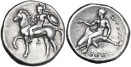 Greek Italy. Southern Apulia, Tarentum. AR Nomos, c. 344-340 BC. Obv. Nude youth on horseback left, wearing crested helmet, holding spear and shield; ...