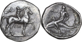 Greek Italy. Southern Apulia, Tarentum. AR Nomos, c. 330-325 BC. Sim- and Her-, magistrate. Obv. Nude youth on horse trotting right, holding rein in r...
