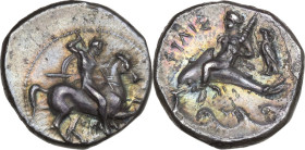 Greek Italy. Southern Apulia, Tarentum. AR Nomos, c. 290-281 BC. Obv. Warrior, holding shield and two spears, preparing to cast a third, on horseback ...