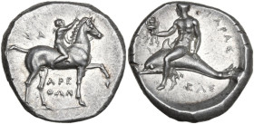 Greek Italy. Southern Apulia, Tarentum. AR Nomos, 280-272 BC. Arethon, Sa-, and Cas-, magistrates. Obv. Youth, nude, on horseback right, crowning hors...