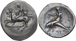 Greek Italy. Southern Apulia, Tarentum. AR Nomos, c. 302-280 BC. Philokles, magistrate. Obv. Warrior on horseback left, holding shield; ΣΙ in right fi...