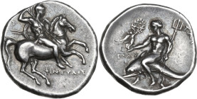 Greek Italy. Southern Apulia, Tarentum. AR Nomos, c. 280-272 BC. Obv. Nude warrior, shield and two spears on his back, thrusting third spear, on horse...