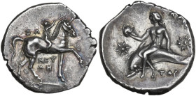 Greek Italy. Southern Apulia, Tarentum. AR Nomos, c. 280-272 BC. Obv. Nude youth on horseback right, placing wreath on horse's head; ZΩ to left, NEY/M...