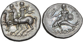 Greek Italy. Southern Apulia, Tarentum. AR Nomos, c. 280-272 BC. Obv. The Dioskouroi riding left; monogram above, below, ΣΩΔΑΜΟΣ. Rev. Phalantos on do...