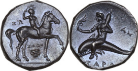 Greek Italy. Southern Apulia, Tarentum. AR Nomos, c. 280-272 BC. Obv. Youth on horseback right, crowning himself; ΣΩ to left; IAΛO and Ionic capital b...