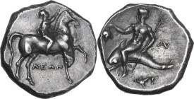 Greek Italy. Southern Apulia, Tarentum. AR Nomos, c. 272-240 BC. Obv. Youth on horseback right, crowning horse with wreath; ΛEΩN below. Rev. Phalantho...
