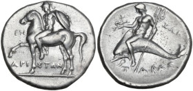 Greek Italy. Southern Apulia, Tarentum. AR Nomos, c. 272-240 BC. Reduced standard. Obv. Warrior, nude but for crested helmet, holding rein in right ha...
