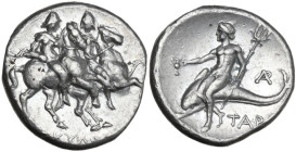 Greek Italy. Southern Apulia, Tarentum. AR Nomos, c. 272-240 BC. Reduced standard. Obv. The Dioskouroi riding right; [ΝΙ]ΚΥΛΟ[Σ] below. Rev. Phalantho...