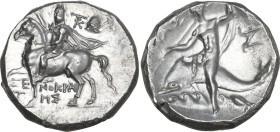 Greek Italy. Southern Apulia, Tarentum. AR Nomos, c. 240-228 BC. Reduced standard. Obv. Dioskouros, head facing, raising right hand and holding rein i...