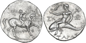 Greek Italy. Southern Apulia, Tarentum. AR Reduced Nomos – Half-Shekel. Punic occupation, c. 212-209 BC. Obv. Nude youth, crowning horse with laurel w...