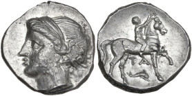 Greek Italy. Southern Apulia, 'Campano-Tarentine'. AR Didrachm, c. 281-228 BC. Obv. Diademed head of nymph left. Rev. Nude youth on horseback right, c...