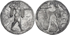 Greek Italy. Lucania, Poseidonia-Paestum. AR Nomos, c. 520 BC. Obv. ΠΟΣ (retrograde). Poseidon, bearded, nude but for chlamys draped over his arms, st...