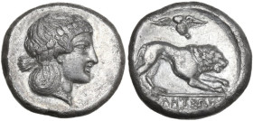 Greek Italy. Northern Lucania, Velia. AR Didrachm, c. 400-340 BC. Obv. Head of nymph right, hair in krobylos. Rev. Lion walking right; owl above, YEΛH...