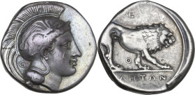 Greek Italy. Northern Lucania, Velia. AR Nomos, c. 340-334 BC. Obv. Head of Athena right, wearing crested and winged Attic helmet; Θ behind head. Rev....