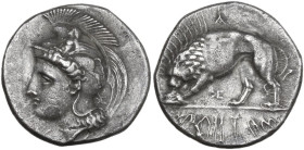 Greek Italy. Northern Lucania, Velia. AR Nomos. Kleudoros Group, c. 334-300 BC. Obv. Head of Athena left wearing Phrigian helmet, the bowl decorated w...