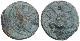 Greek Italy. Southern Lucania, Heraclea. AE 14.5 mm, c. 3rd century BC. Obv. Helmeted head of Athena right. Rev. Marine deity (Glaukos?) right, holdin...