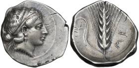 Greek Italy. Southern Lucania, Metapontum. AR Nomos, c. 400-340 BC. Obv. Head of Demeter right, wearing fillet; |-ΥΓΙΕΙΑ in thiny letters on neck tran...