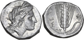 Greek Italy. Southern Lucania, Metapontum. AR Stater, c. 330-290 BC. Obv. Head of Demeter right, wearing barley-wreath, triple pendant earring and nec...