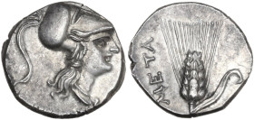 Greek Italy. Southern Lucania, Metapontum. AR Half Shekel – Drachm. Time of Hannibal, c. 212-206 BC. Obv. Head of Athena right, wearing Corinthian hel...