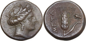 Greek Italy. Southern Lucania, Metapontum. AE 15 mm, c. 300-250 BC . Obv. Head of Demeter right, wearing barley-wreath. Rev. META. Barley-ear with lea...