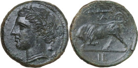 Sicily. Syracuse. Hieron II (275-215 BC). AE 20 mm, c. 275-269/265 BC. Obv. ΣYPAKOΣIΩN. Head of Kore left, wearing wreath of grain ears, earring and n...