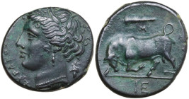 Sicily. Syracuse. Hieron II (275-215 BC). AE 20.5 mm, c. 275-269/265 BC. Obv. ΣYPAKOΣIΩN. Head of Kore left, wearing wreath of grain ears, earring and...