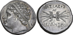 Sicily. Syracuse. Hieronymos (215-214 BC). AR 10 Litrai, c. 215-214 BC. Obv. Diademed head left, with sideburn. Rev. BAΣIΛEOΣ IEPΩNYMOY. Winged thunde...