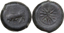 Sicily. Tauromenion. Mercenaries Campanoi. AE 32 mm, c. 370-358 BC. Obv. Bull butting left; [TA monogram above]. Rev. Star of sixteen rays. HGC 2 1606...