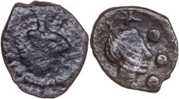 Sicily. Uncertain mint. AR Tetras-Trionkion, 5th century BC. Obv. Wine leaf. Rev. Female head right; before, three pellets; above, letter(?). AR. 0.18...
