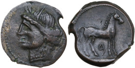 Punic Sardinia. AE Shekel, c. 264-238 BC. Uncertain mint. Obv. Wreathed head of Kore left, wearing triple-pendant earring. Rev. Horse standing right; ...