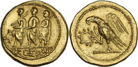 Continental Greece. Skythia, Geto-Dacians. Koson. Mid 1st century BC. AV Stater. Obv. Roman consul accompanied by two lictors advancing left; monogram...