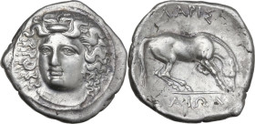 Continental Greece. Thessaly, Larissa. AR Drachm, c. 356-342 BC. Obv. Head of the nymph Larissa facing, slightly left, wearing ampyx, pendant earring ...