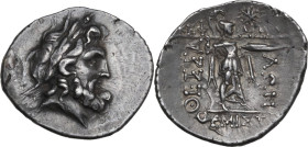 Continental Greece. Thessaly, Thessalian League. AR Stater. Kephalos and Themisto–, magistrates. Mid-late 1st century BC. Obv. Head of Zeus right, wea...