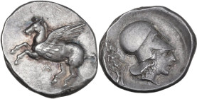 Continental Greece. Epeiros, Ambrakia. AR Stater, c. 360-338 BC. Obv. Pegasos flying left; below, A. Rev. Helmeted head of Athena right; behind, naked...