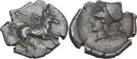 Continental Greece. Epeiros, Ambrakia. AR Stater, c. 360-338 BC. Obv. Pegasos flying right; below, A. Rev. Helmeted head of Athena left; behind, owl s...