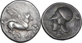 Continental Greece. Epeiros, Ambrakia. AR Stater, c. 404-360 BC. Obv. Pegasus flying right; below, A. Rev. AMBRAKIOTAN. Helmeted head of Athena left; ...