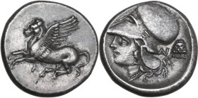 Continental Greece. Akarnania, Anaktorion. AR Stater, c. 320-280 BC. Obv. Pegasos flying left, AN monogram below. Rev. Helmeted head of Athena left; A...