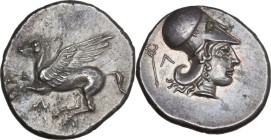 Continental Greece. Akarnania, Leukas. AR Stater, c. 350-320 BC. Obv. Pegasos flying left; Λ below. Rev. Helmeted head of Athena right; kerykeion and ...