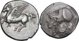 Continental Greece. Akarnania, Leukas. AR Stater, c. 320-280 BC. Obv. Pegasos flying left; Λ below. Rev. Helmeted head of Athena left; behind, mast wi...