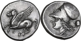 Continental Greece. Akarnania, Stratos(?). AR Stater, c. 345 BC. Obv. Pegasus flying left; below, Σ. Rev. Head of Athena right, wearing Corinthian hel...